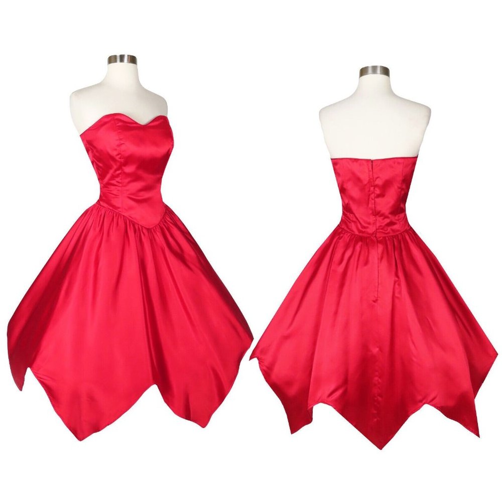Vintage 80s 50s Red Strapless Full Skirt Prom Party Dress S M Valentines Day